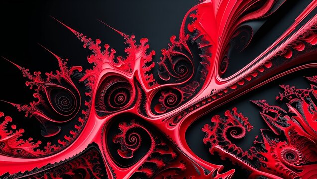Abstract fractal design featuring intricate red patterns and swirling shapes on a dark background, showcasing detailed curves and spirals in a digital art style