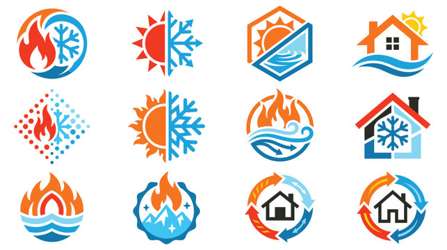 Set of heating and cooling hvac air conditioning logos.