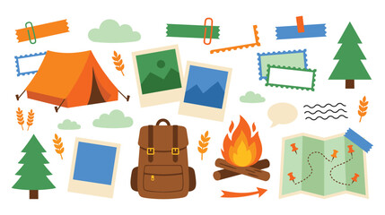 Camping adventure elements tent backpack fire map. © GW