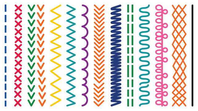 Colorful sewing machine stitch patterns and line types.