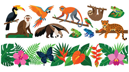 Obraz premium Set of wild animals and insects in the rainforest area.