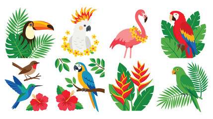 Obraz premium Set of colorful tropical birds and exotic jungle plants.