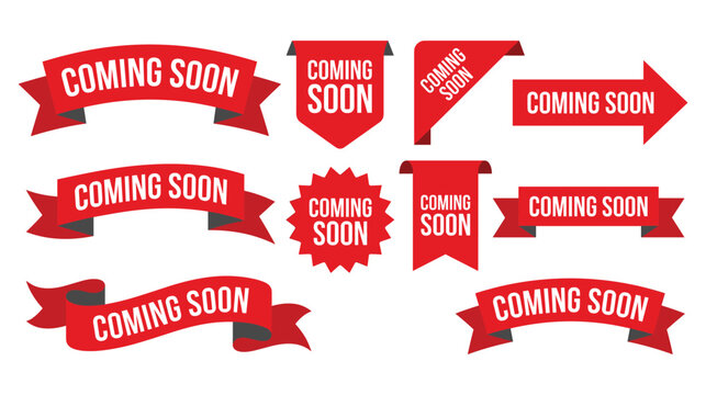 Coming soon banner set, red ribbons and labels.