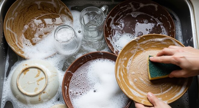 Hand washing ceramic dishes with sponge in soapy kitchen sink, top-down view of domestic chore
