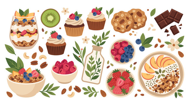 Healthy breakfast granola and sweet dessert food set.