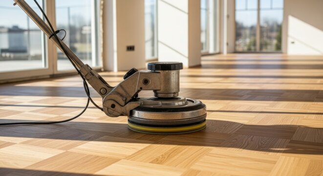 Orbital floor polisher machine restoring natural wood parquet floor in sunlit room, home renovation project