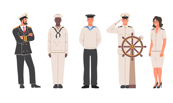 Yacht sailors crew. Male and female cruise ship liner employees. Captain, sailor, commander and stewardess in uniform. Flat Human made vector illustration collection isolated on background