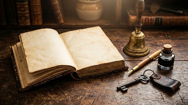 Vintage writing desk with open book, fountain pen, ink bottle, and antique key