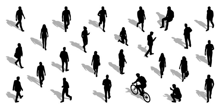 Business people silhouettes standing and walking in top view | Corporate crowd characters with shadows | Isometric vector illustration