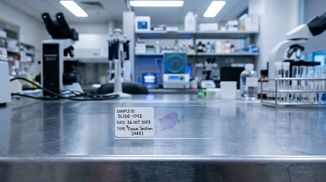 Laboratory sample on a metal table with microscopes and equipment