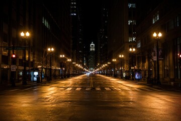 Fototapeta premium Empty urban street at night with wet pavement reflecting city lights and illuminated buildings