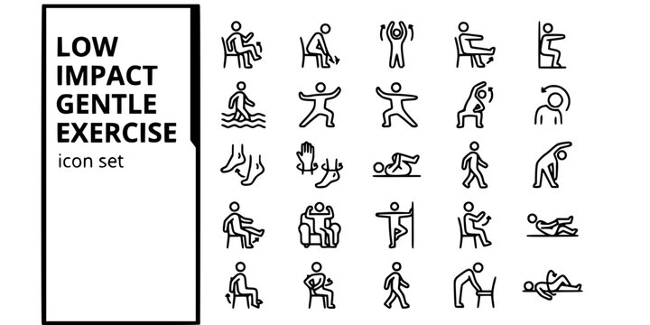 Low Impact Gentle Exercise Bold Line Icons-Chair March Chair Yoga Arm Raise Leg Extension Wall Squat Pool Walk Tai Chi Qigong Neck Roll Foot Flex Knee Hug-25 Gentle Exercise Icon Set Vector