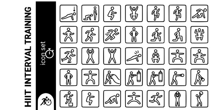 HIIT Interval Training Exercise Bold Line Icons-Burpee Squat Thrust Jump Squat High Knees Mountain Climber Lateral Shuffle Sprint Plyometric Tuck Jump Speed Skater-25 HIIT Icon Set Vector