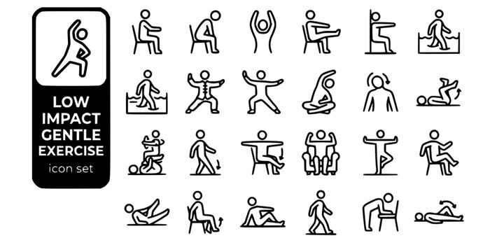 Low Impact Gentle Exercise Bold Line Icons-Chair March Chair Yoga Arm Raise Leg Extension Wall Squat Pool Walk Tai Chi Qigong Neck Roll Foot Flex Knee Hug-25 Gentle Exercise Icon Set Vector