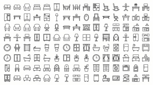 A collection of various icons depicting objects and symbols arranged in rows on a plain surface for reference.