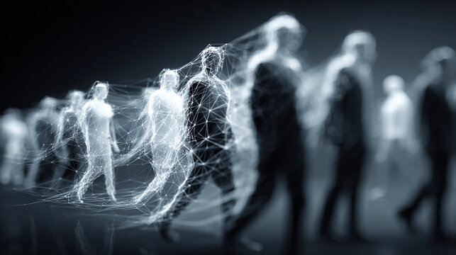 Digital transformation abstract silhouette of human profile with flowing binary code data stream in dark futuristic setting