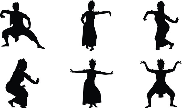 Traditional Southeast Asian dancers vector silhouette set performing cultural apsara dance in various elegant poses isolated on white