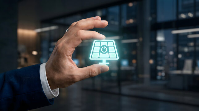 Solar Energy Panel Hologram Held by Business Hand Representing Renewable Power and Sustainable Technology