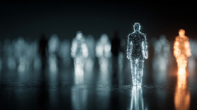 Silhouette crowd reflection in dark glossy surface with bokeh light background and central illuminated figure