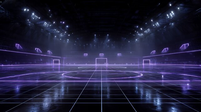 Large empty indoor soccer stadium with glowing purple neon grid lines on the field and bright stadium lights in the dark