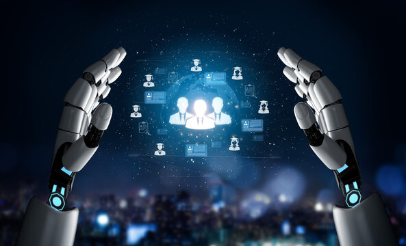 Futuristic robotic hands presenting digital connections and virtual figures against a nighttime cityscape showcasing technology and human interaction. Bitwise.