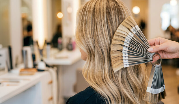 A person at a salon looks at hair color samples while a stylist holds them. The stylist stands ready to assist with the color selection and hair dyeing process