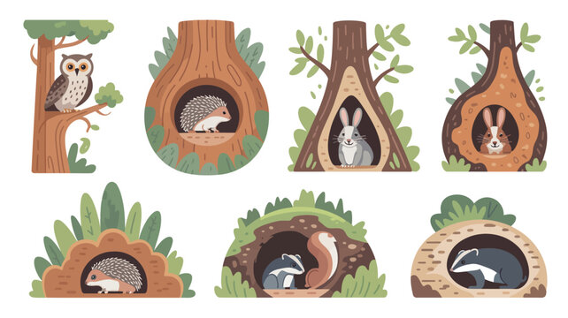 Cute animals in cozy tree and log homes with natural background