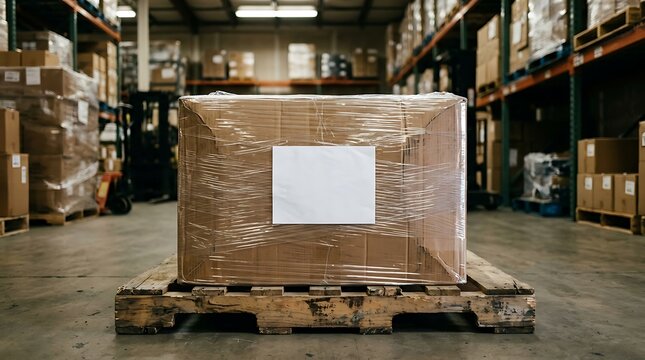 Wrapped cardboard box on wooden pallet in warehouse storage facility