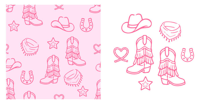 Cute cowgirl boots and western accessories seamless pattern with cowboy hats, horseshoes, bandanas and hearts in pink outline style for girls fabric and apparel design.