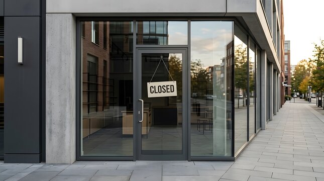 Closed storefront with glass door and windows on urban sidewalk