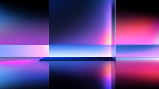 Neon glowing gradients inside transparent glass box, abstract futuristic geometric podium background with soft reflections