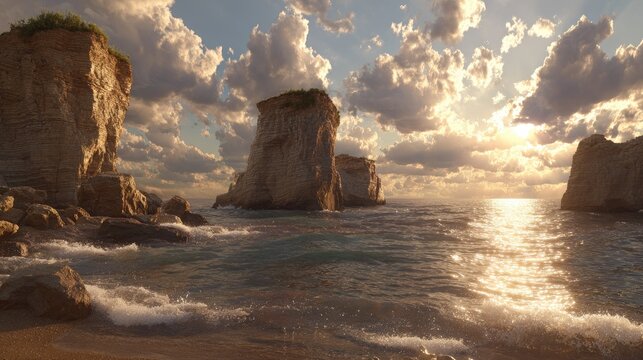 Sandy beach with limestone cliffs at golden hour.