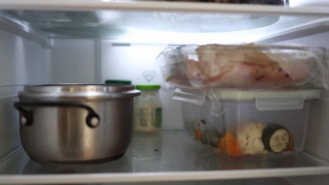 Inside a cluttered refrigerator with leftovers stored in containers and cookware highlighting food waste poor kitchen organization and the need for regular fridge cleaning