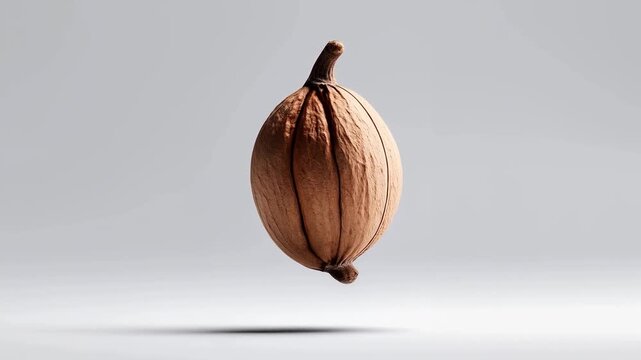 Floating pecan nut captured in three sequential frames, showcasing its unique texture and shape against a minimalistic gray background with soft shadows