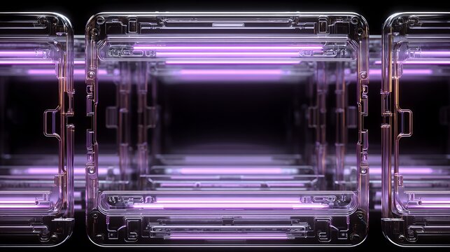 Futuristic sci-fi server room corridor made of transparent glass and purple neon tube lights, 3D modern tech portal background