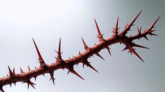 Thorny branch with sharp red spikes gradually transitions in appearance against a soft gray background, showcasing intricate details and textures of the thorns