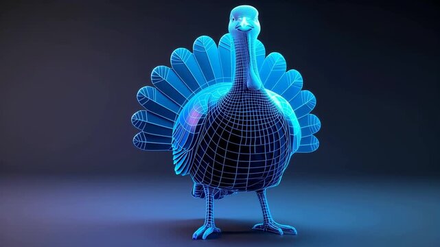 3D wireframe model of a turkey with detailed feathers and body structure, showcasing a progressive view from left to right against a dark background