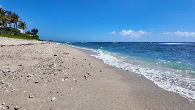 Scenic tropical footage landscape of Saint Gilles Les Bains beach, Reunion Island, Africa	