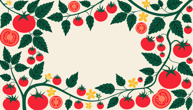 Very beautiful TOMATO BRANCHES AND LEAVES BACKGROUND SET featuring ripe tomatoes, sliced tomatoes, leafy stems, delicate blossoms, and elegant botanical arrangements forming a decorative border compos