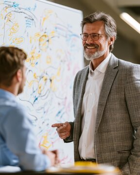 Smiling senior manager coaching junior employee by whiteboard with workflow diagrams