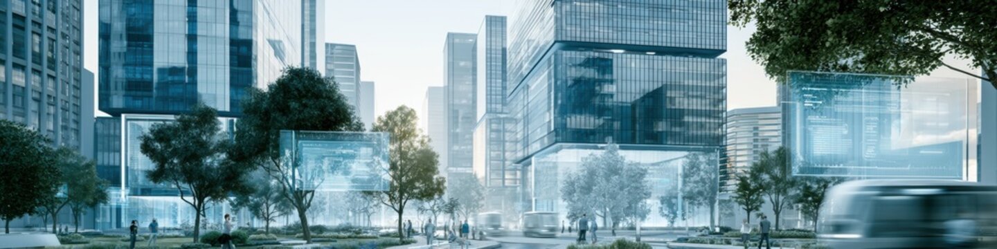 futuristic smart city, futuristic smart city with integrated public-private hybrid workspaces, floating digital dashboards in parks, and autonomous transport systems, fostering collaboration through