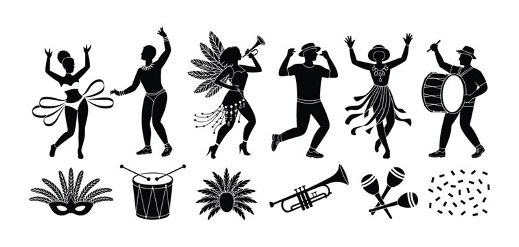 Carnival Icons: Vibrant silhouettes of dancers, musicians, and festive elements capture the spirit of celebration. dance party, music festival, masquerade event, parade celebration.