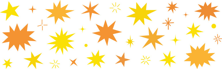 Fototapeta premium Assorted yellow and orange star shapes and sparkles in various sizes and styles isolated on a plain white background, for decoration