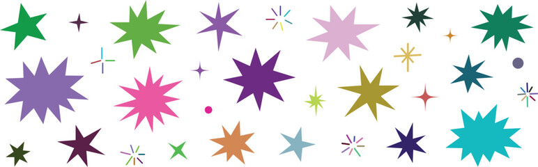 Fototapeta premium Multicolored star shapes and sparkles in various sizes and styles isolated on a plain white background, for projects