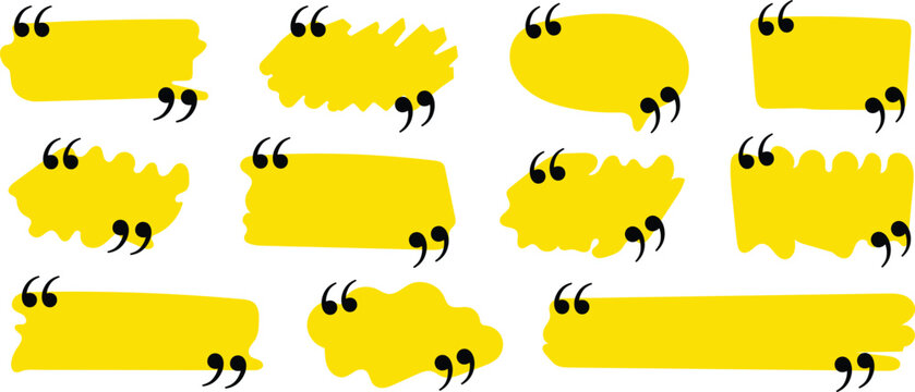 Collection of yellow hand-drawn brush stroke quote boxes with black quotation marks isolated on a plain white background, for text placement