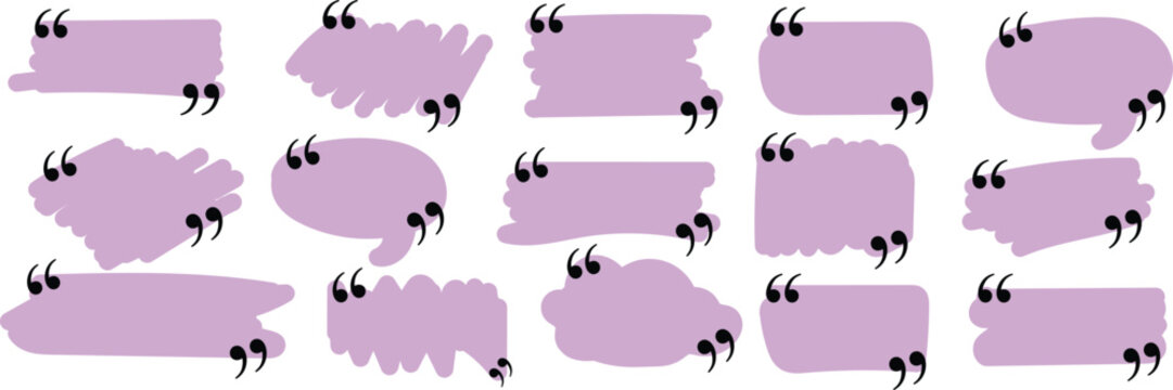Set of light purple hand-drawn brush stroke quote boxes with quotation marks isolated on a plain white background, for text placement