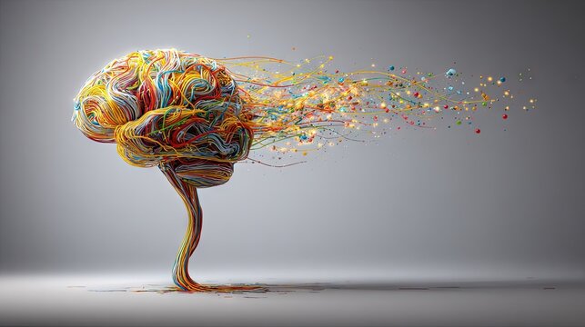 Stylized brain on stem scattering colorful pixel dust.