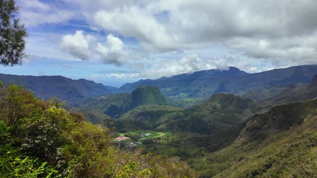 Scenic footage cloudy landscape panorama of Cirque de Salazie, La Reunion island, French oversea department, Indian Ocean	