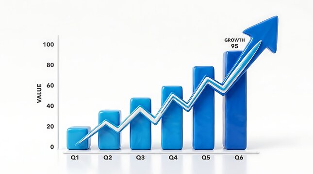 3D blue bar chart showing quarterly business growth trend