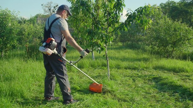 Worker in gray shirt and gloves operates a string trimmer to maintain grass around a young tree in a lush garden, highlighting the continuous action of lawn care and landscaping